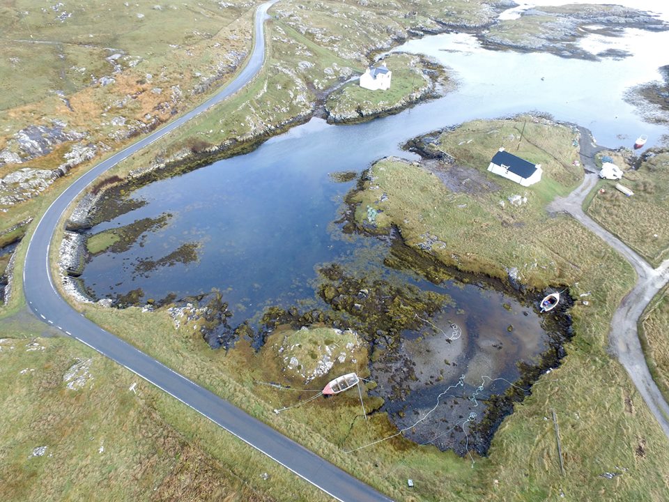 Aerial view of Harbour Cottage and South Bank Cottage, Isle of Barra